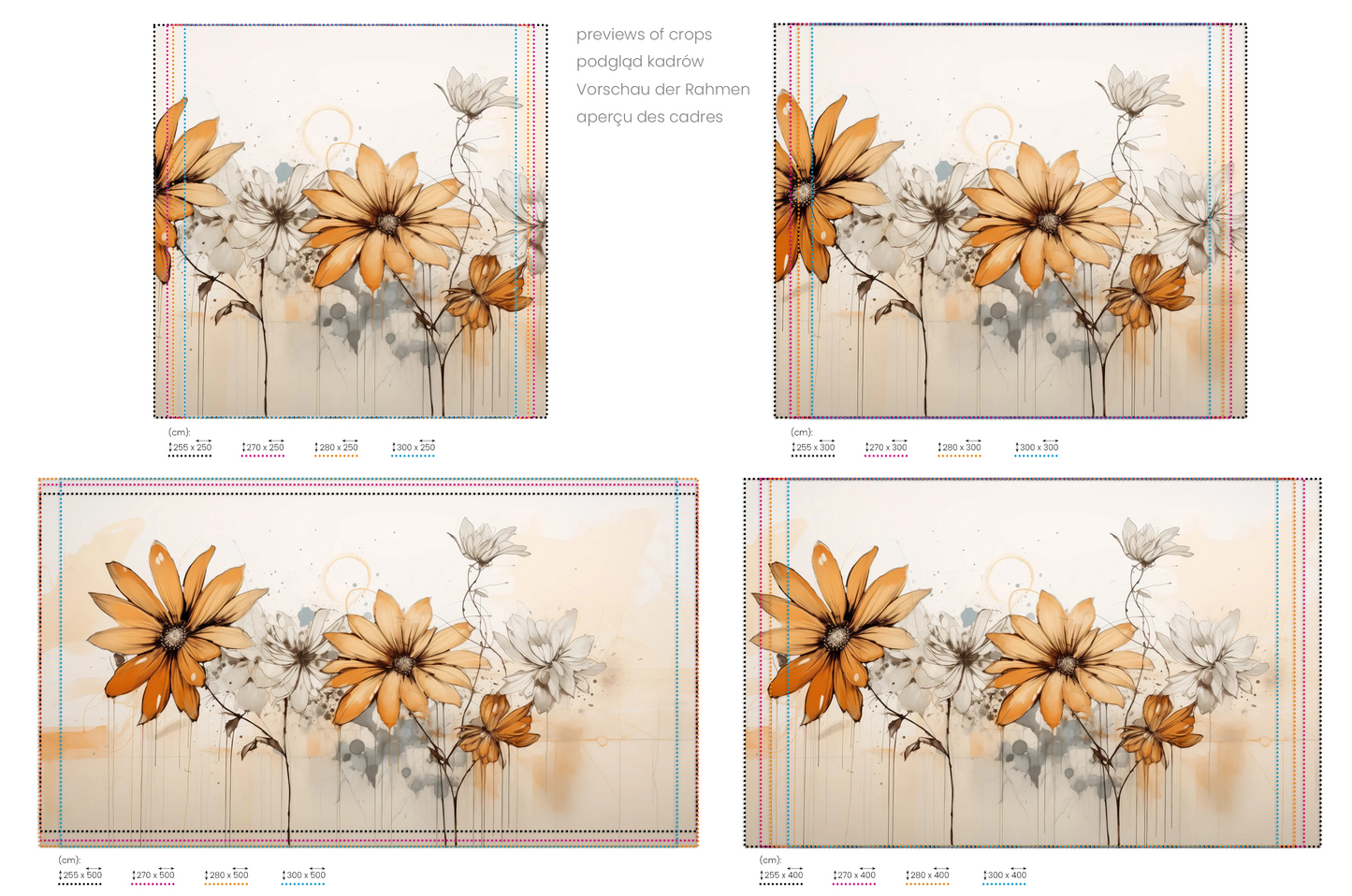 Na obrazie znajduje się prezentacja przykładowych rozmiarów fototapety o nazwie Abstract Florals. Rozmiar fototapety jest dowolny.