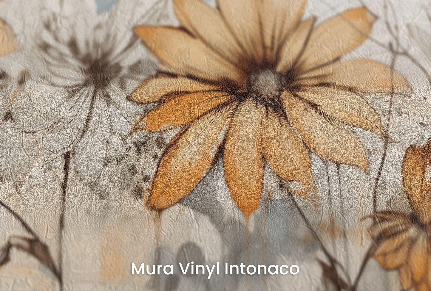 Zbliżenie na artystyczną fototapetę o nazwie Abstract Florals na podłożu Mura Vinyl Intonaco - struktura tartego tynku.