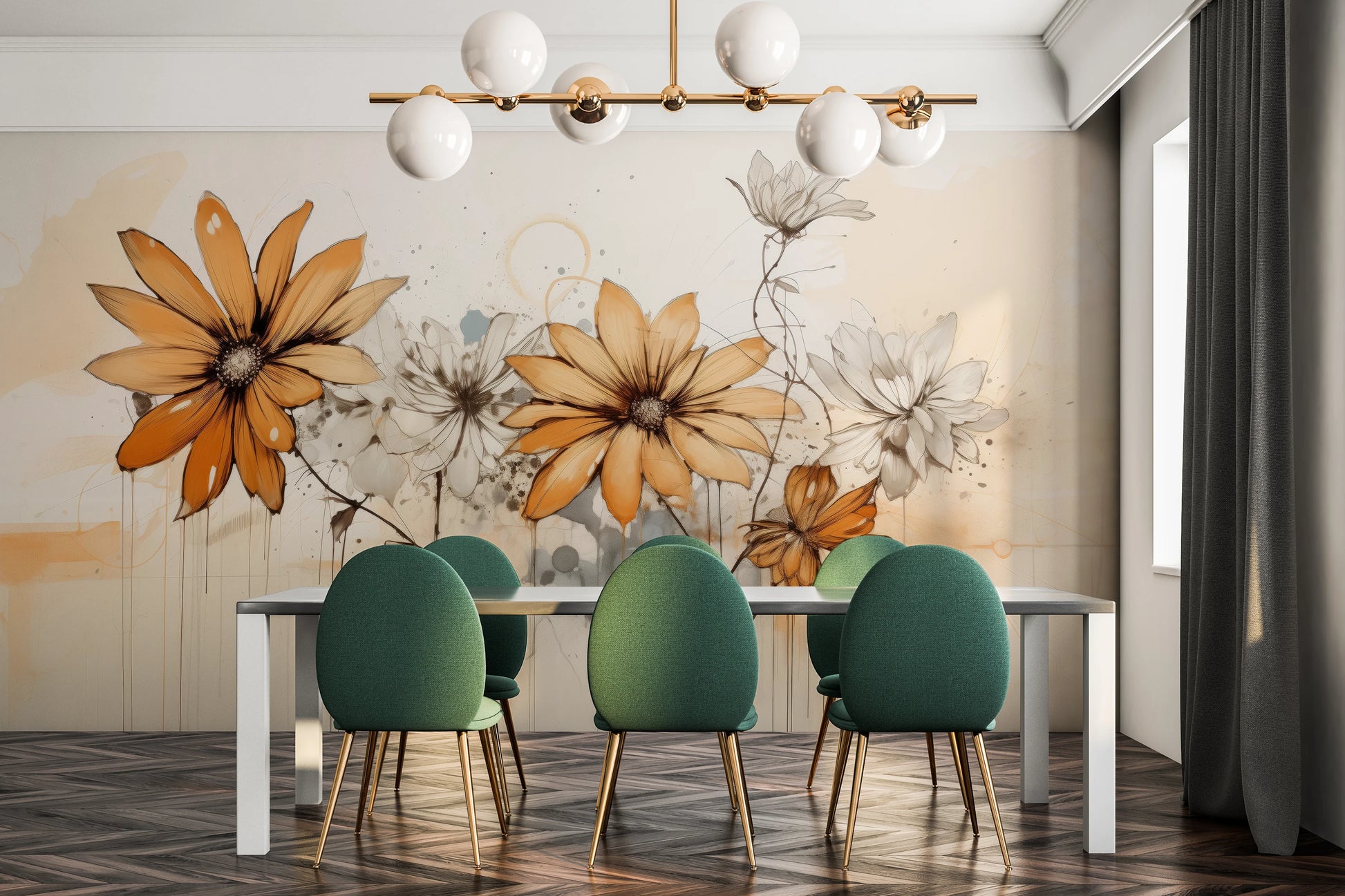 Wzór fototapety o nazwie Abstract Florals pokazanej w kontekście pomieszczenia.
