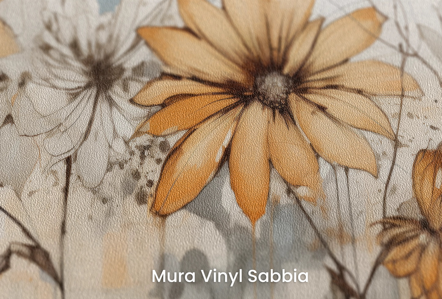 Zbliżenie na artystyczną fototapetę o nazwie Abstract Florals na podłożu Mura Vinyl Sabbia struktura grubego ziarna piasku.