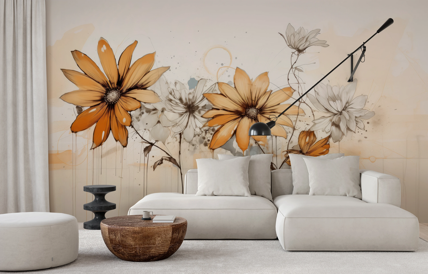 Zdjęcie prezentuje aranżację wnętrza z użyciem fototapety o nazwie Abstract Florals pokazanej w aranżacji wnętrza.