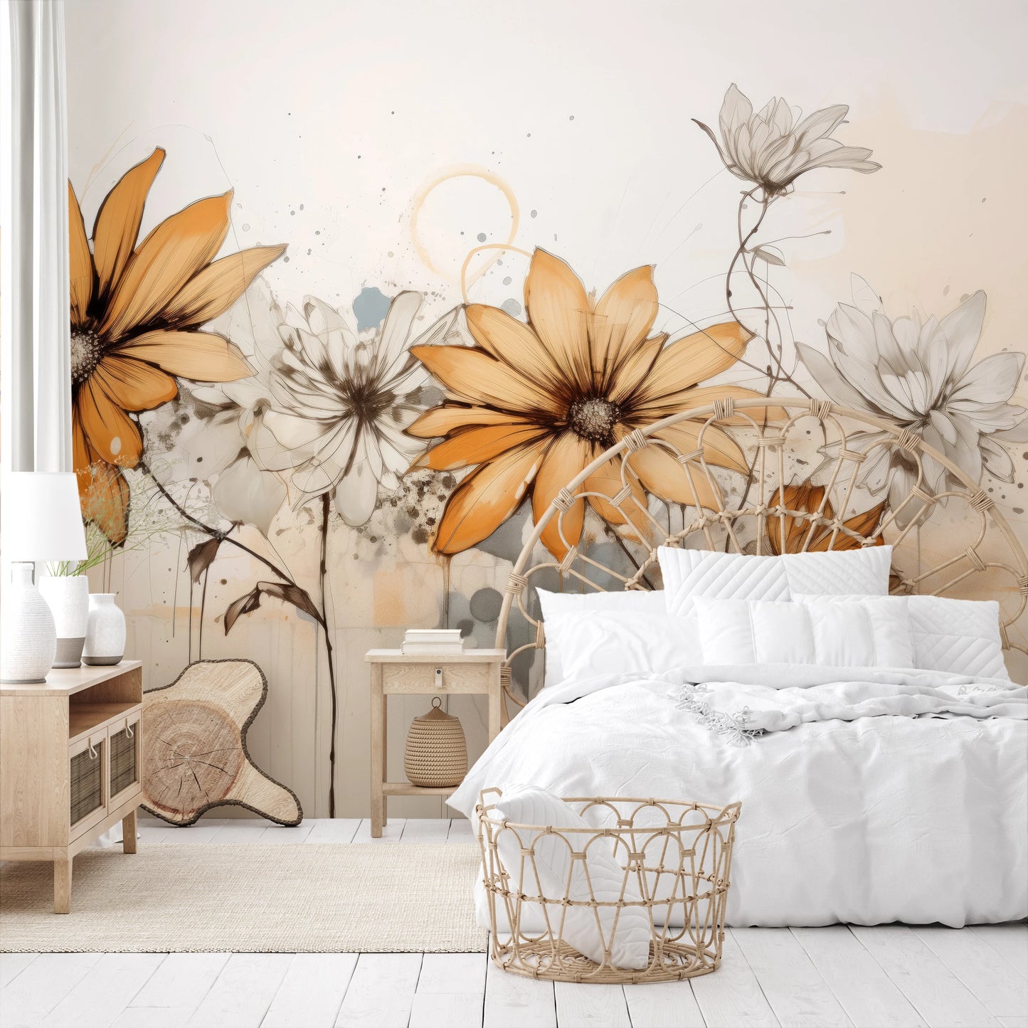 Wzór fototapety malowanej o nazwie Abstract Florals pokazanej w aranżacji wnętrza.