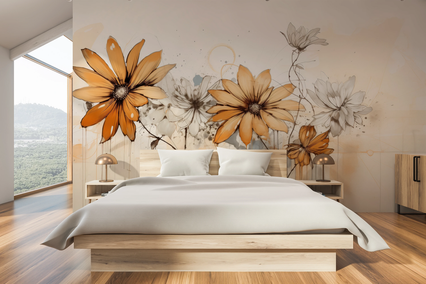 Wzór fototapety artystycznej o nazwie Abstract Florals pokazanej w aranżacji wnętrza.