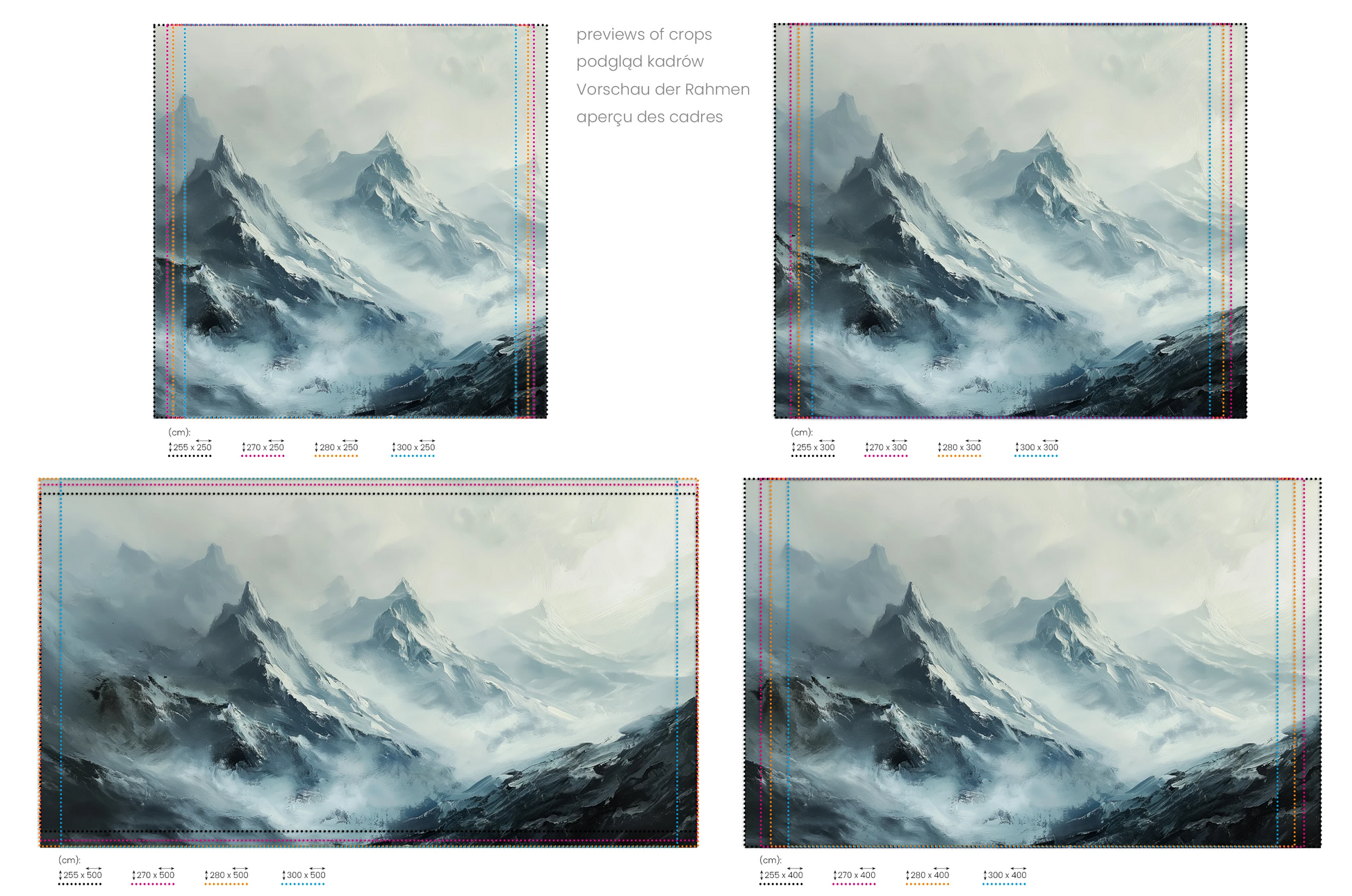 Na obrazie znajduje się prezentacja przykładowych rozmiarów fototapety o nazwie Frostbound Majesty. Rozmiar fototapety jest dowolny.