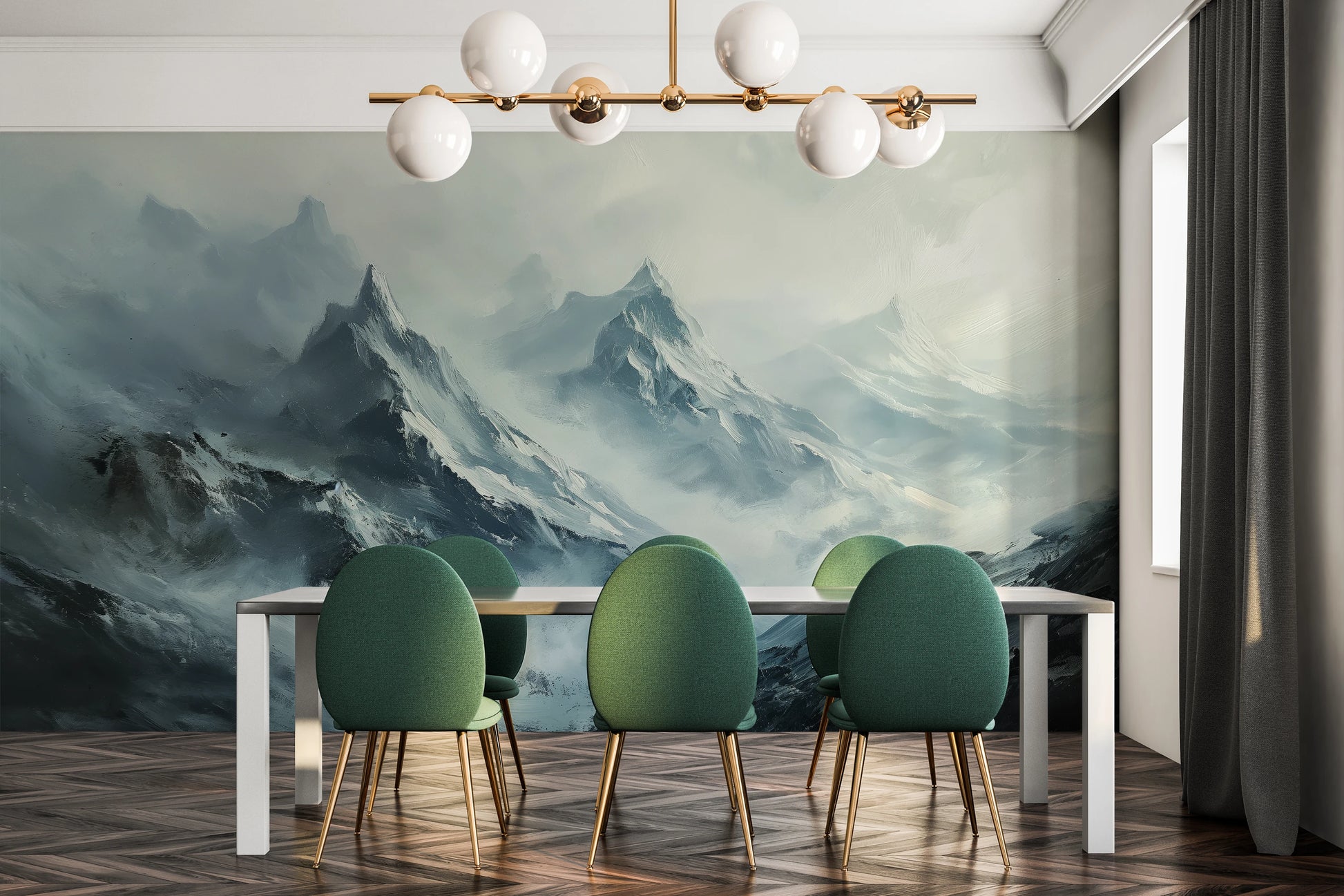 Zdjęcie prezentuje aranżację wnętrza z użyciem fototapety o nazwie Frostbound Majesty pokazanej w aranżacji wnętrza.