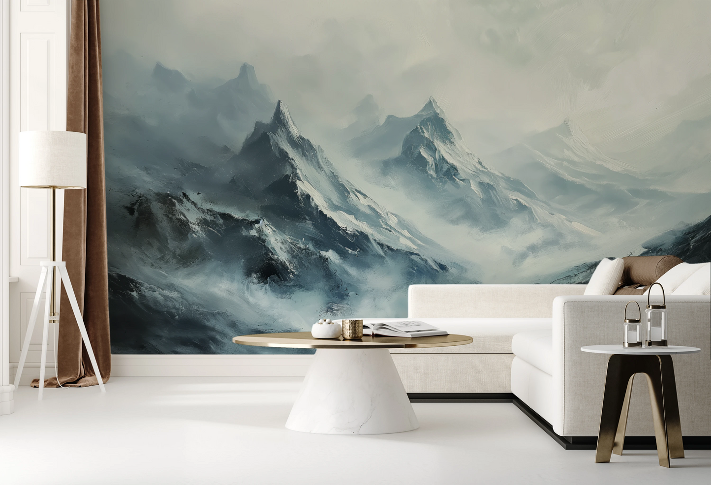 Wzór fototapety malowanej o nazwie Frostbound Majesty pokazanej w aranżacji wnętrza.