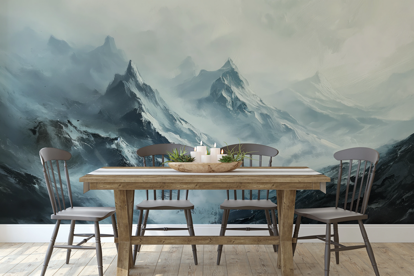 Fototapeta artystyczna o nazwie Frostbound Majesty pokazana w aranżacji wnętrza.