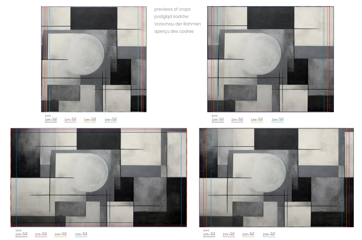 Na obrazie znajduje się prezentacja przykładowych rozmiarów fototapety o nazwie Monochrome Geometry #3. Rozmiar fototapety jest dowolny.