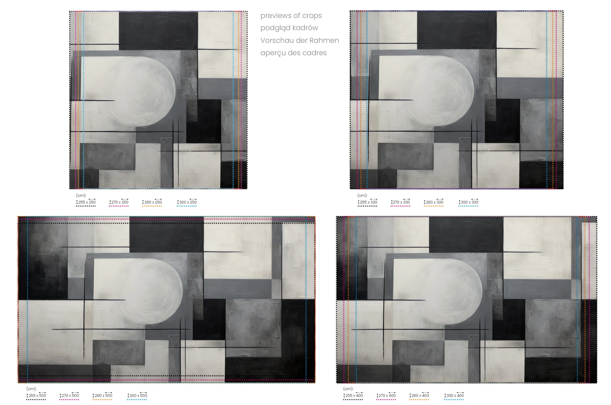 Na obrazie znajduje się prezentacja przykładowych rozmiarów fototapety o nazwie Monochrome Geometry #3. Rozmiar fototapety jest dowolny.