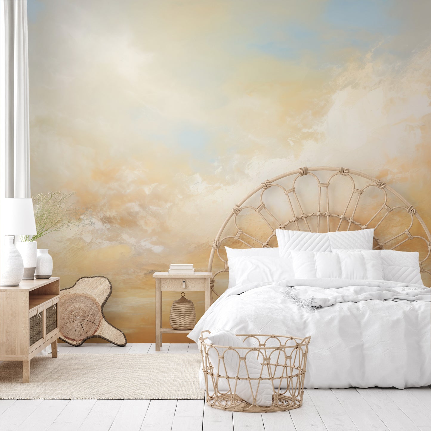 Zdjęcie prezentuje aranżację wnętrza z użyciem fototapety o nazwie SUNBURST CLOUDSCAPE CANVAS pokazanej w aranżacji wnętrza.