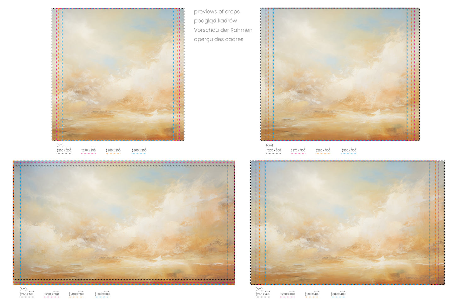 Na obrazie znajduje się prezentacja przykładowych rozmiarów fototapety o nazwie SUNBURST CLOUDSCAPE CANVAS. Rozmiar fototapety jest dowolny.