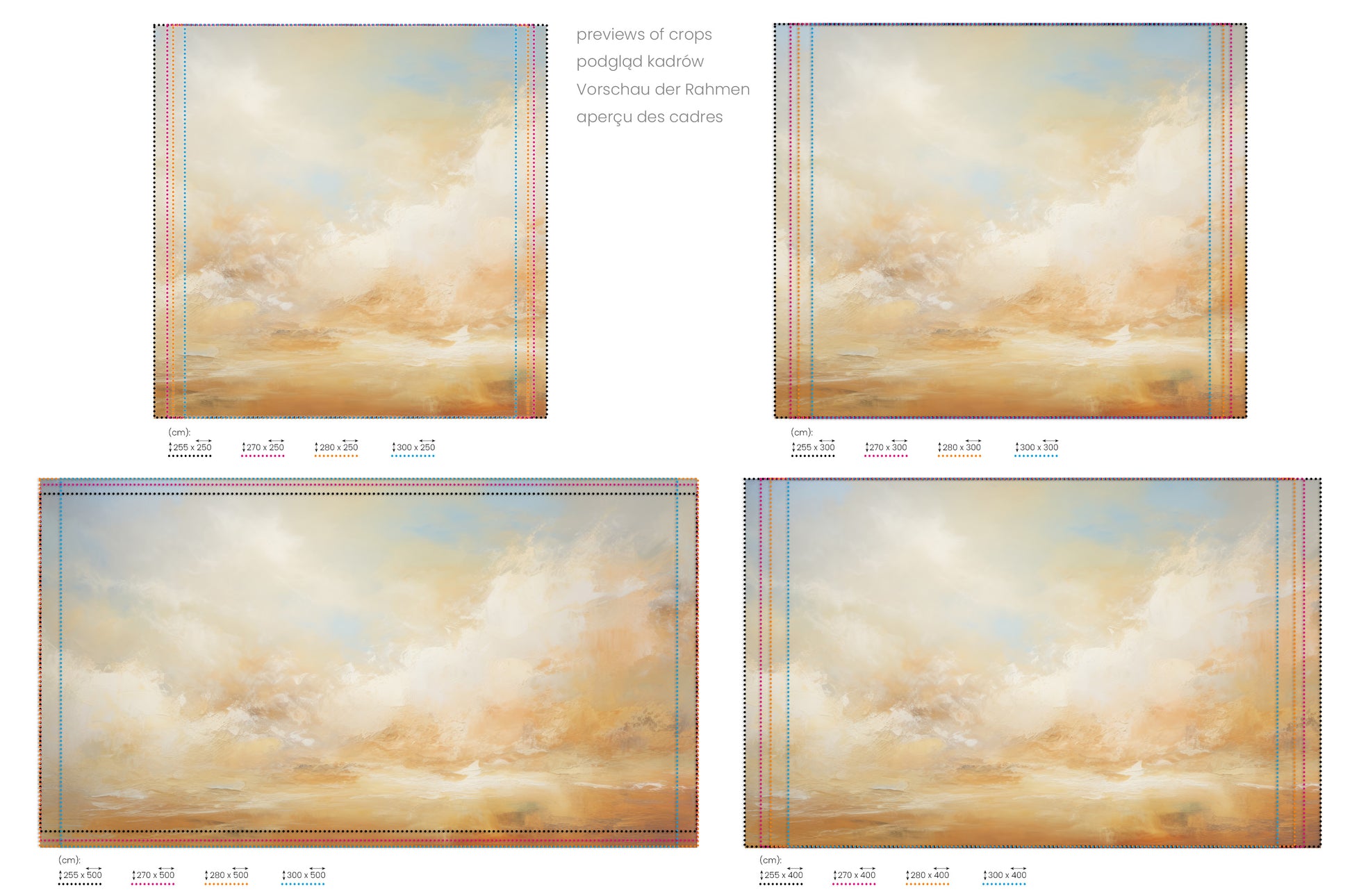 Na obrazie znajduje się prezentacja przykładowych rozmiarów fototapety o nazwie SUNBURST CLOUDSCAPE CANVAS. Rozmiar fototapety jest dowolny.