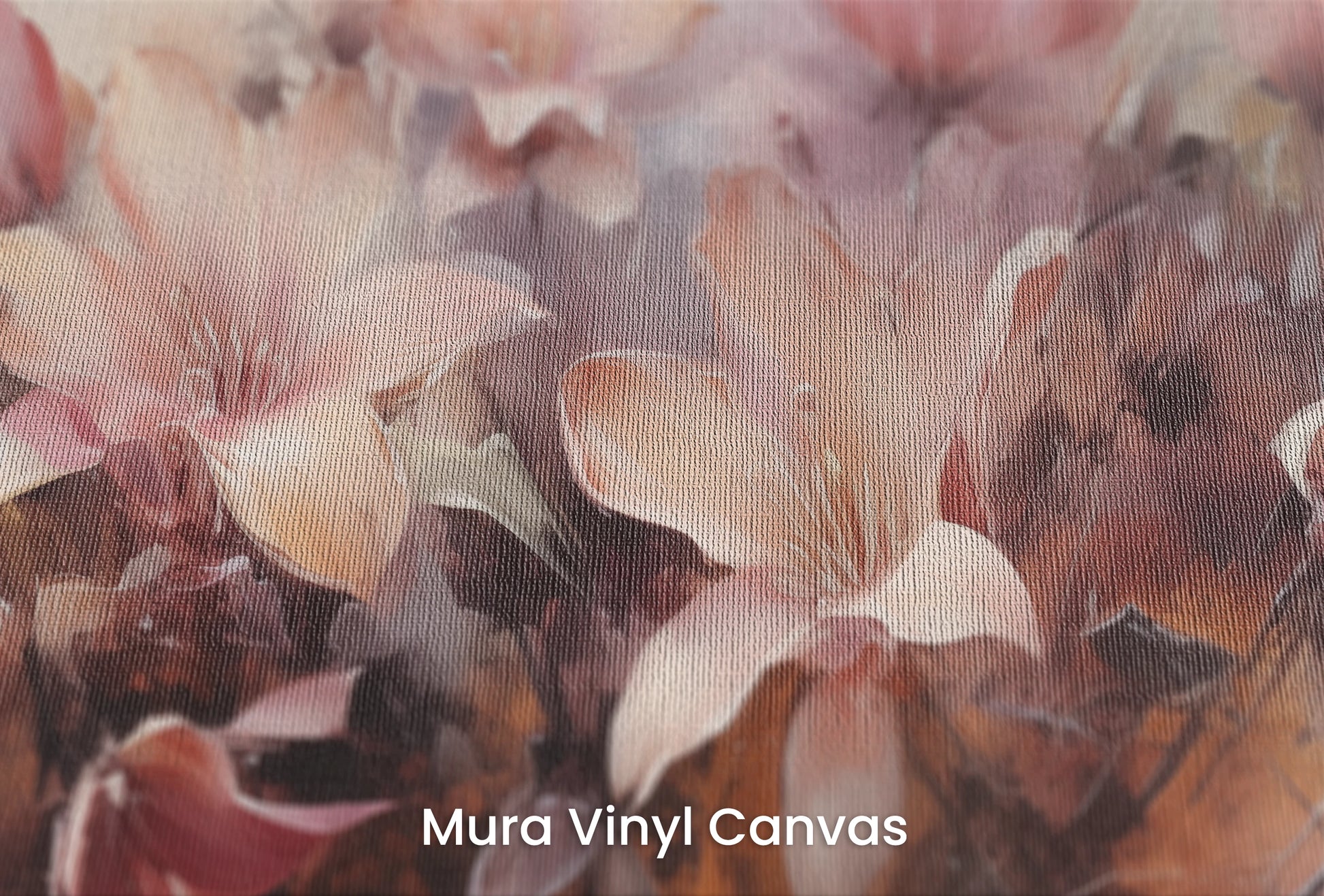Zbliżenie na artystyczną fototapetę o nazwie Misty Blossoms na podłożu Mura Vinyl Canvas - faktura naturalnego płótna.