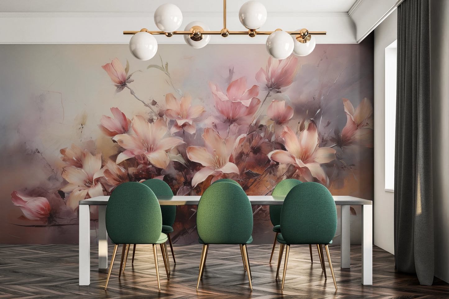 Fototapeta artystyczna o nazwie Misty Blossoms pokazana w aranżacji wnętrza.