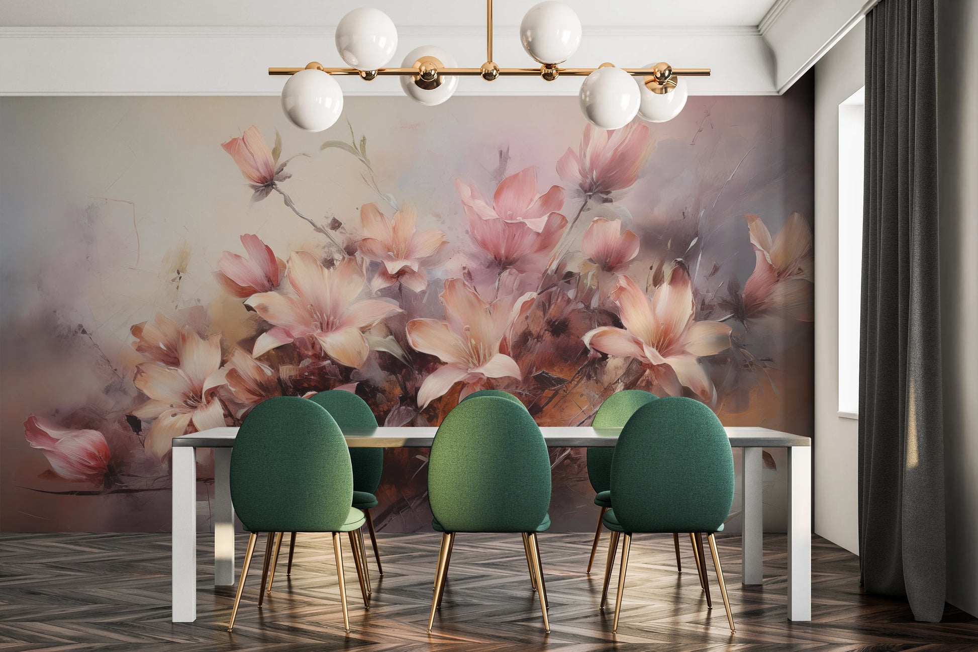 Fototapeta artystyczna o nazwie Misty Blossoms pokazana w aranżacji wnętrza.