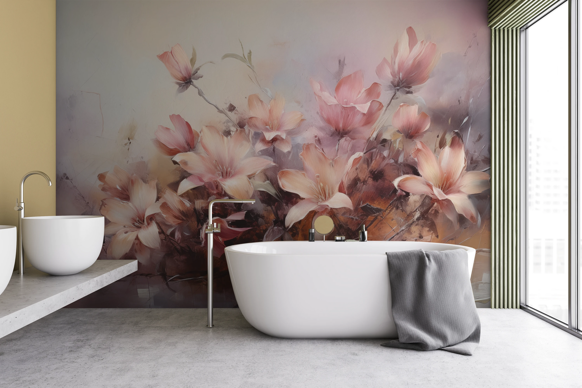 Wzór fototapety artystycznej o nazwie Misty Blossoms pokazanej w aranżacji wnętrza.