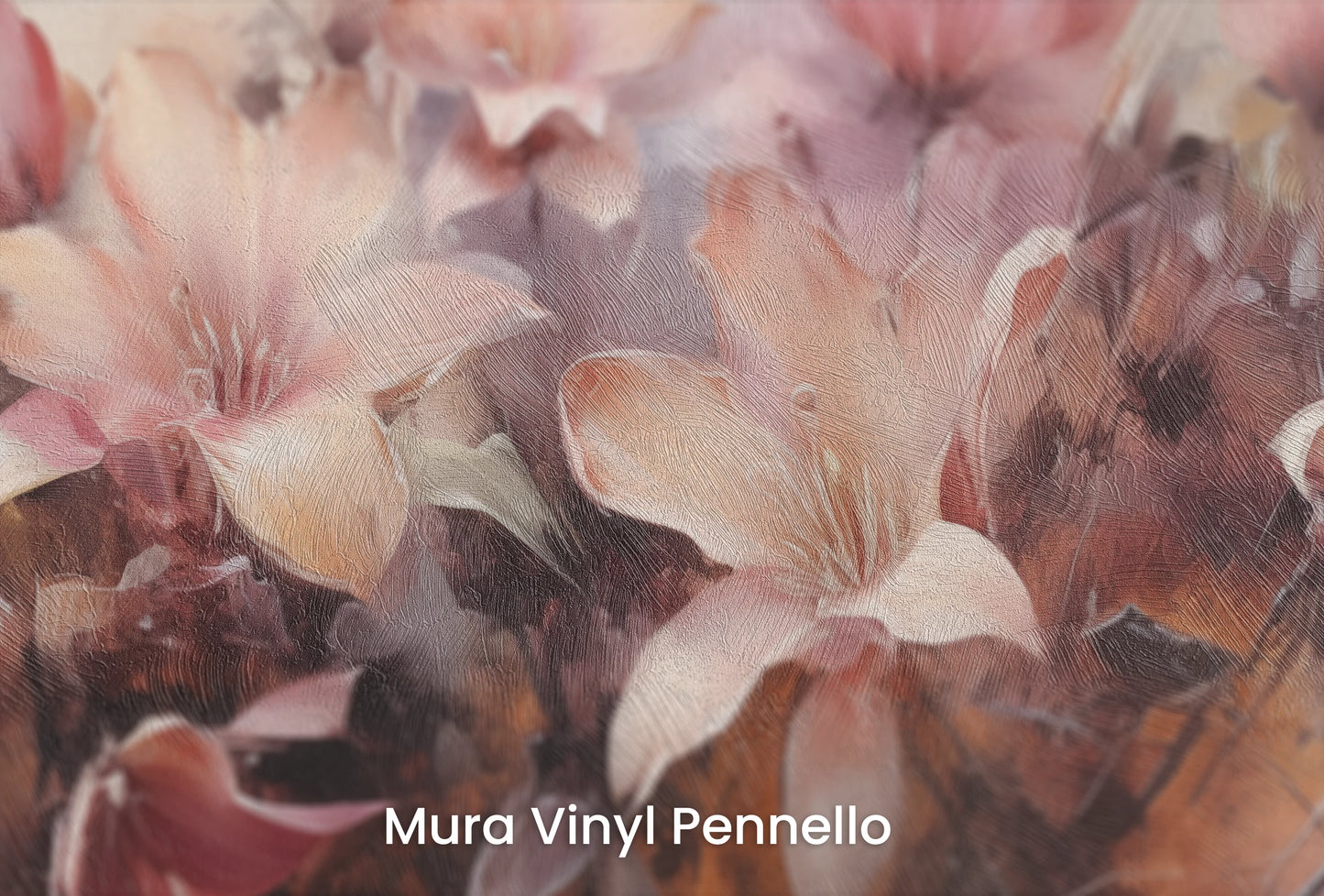 Zbliżenie na artystyczną fototapetę o nazwie Misty Blossoms na podłożu Mura Vinyl Pennello - faktura pociągnięć pędzla malarskiego.