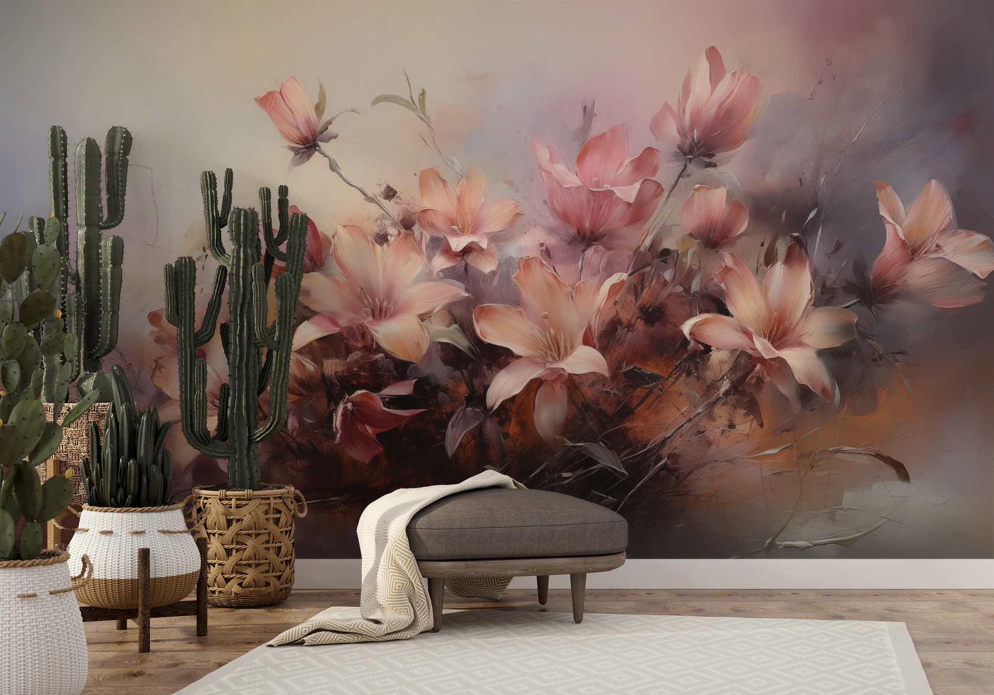 Wzór fototapety o nazwie Misty Blossoms pokazanej w kontekście pomieszczenia.