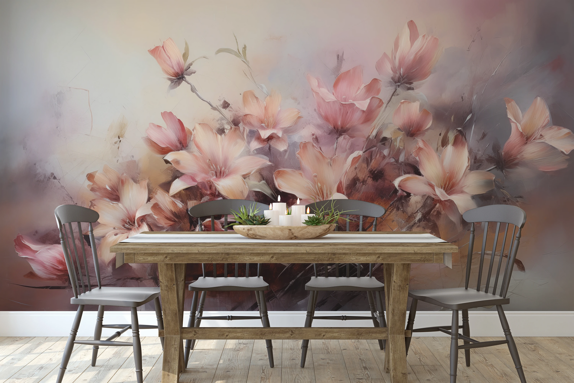 Wzór fototapety artystycznej o nazwie Misty Blossoms pokazanej w aranżacji wnętrza.