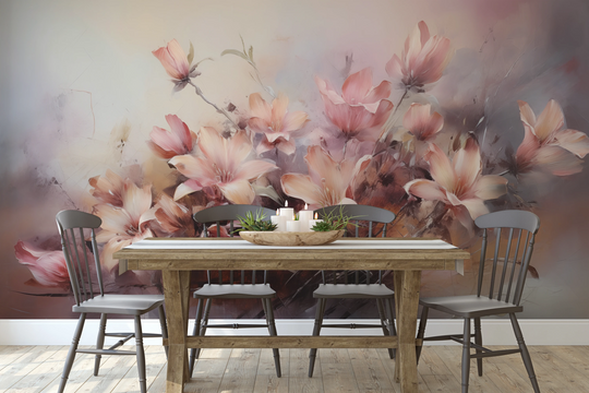 Wzór fototapety artystycznej o nazwie Misty Blossoms pokazanej w aranżacji wnętrza.