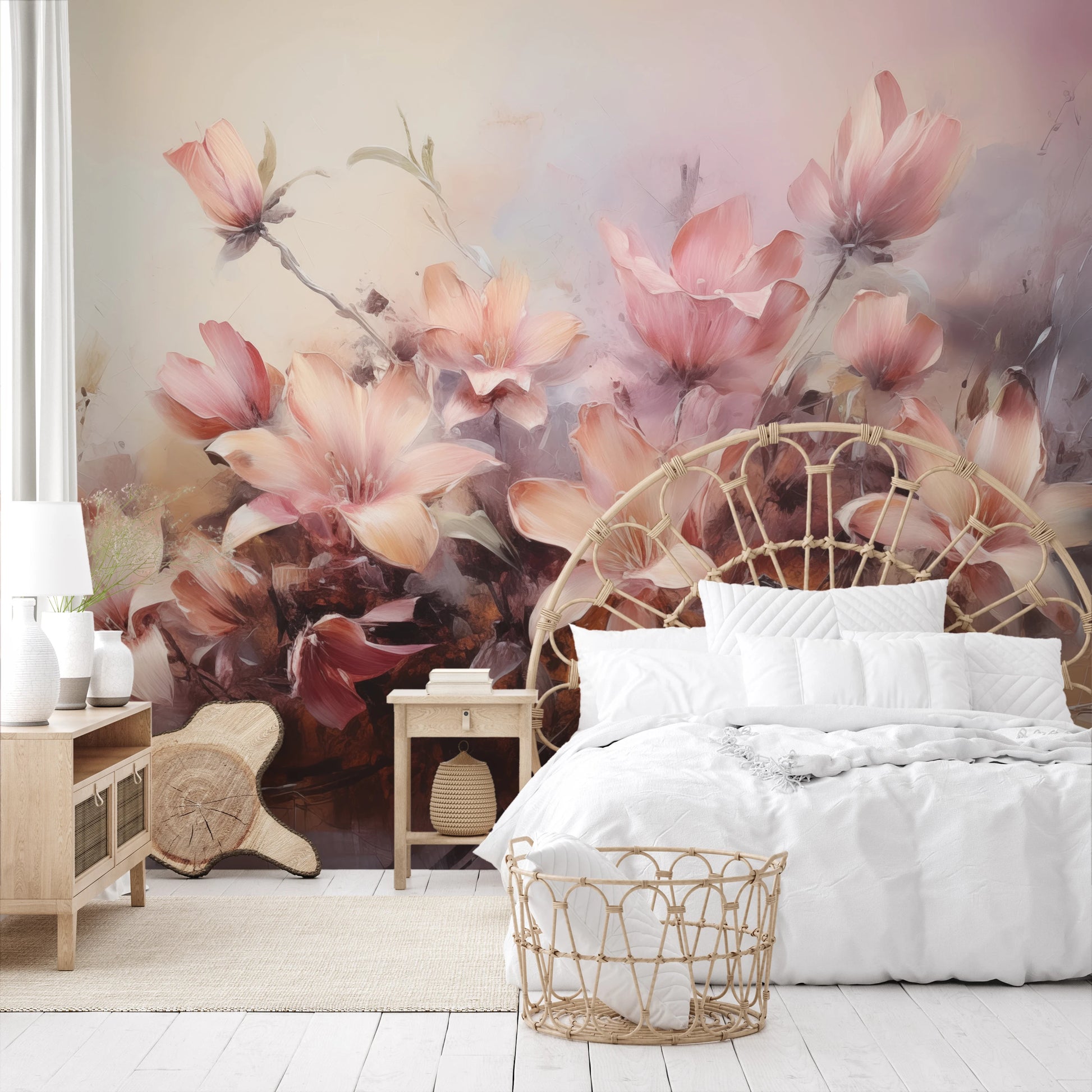 Fototapeta malowana o nazwie Misty Blossoms pokazana w aranżacji wnętrza.