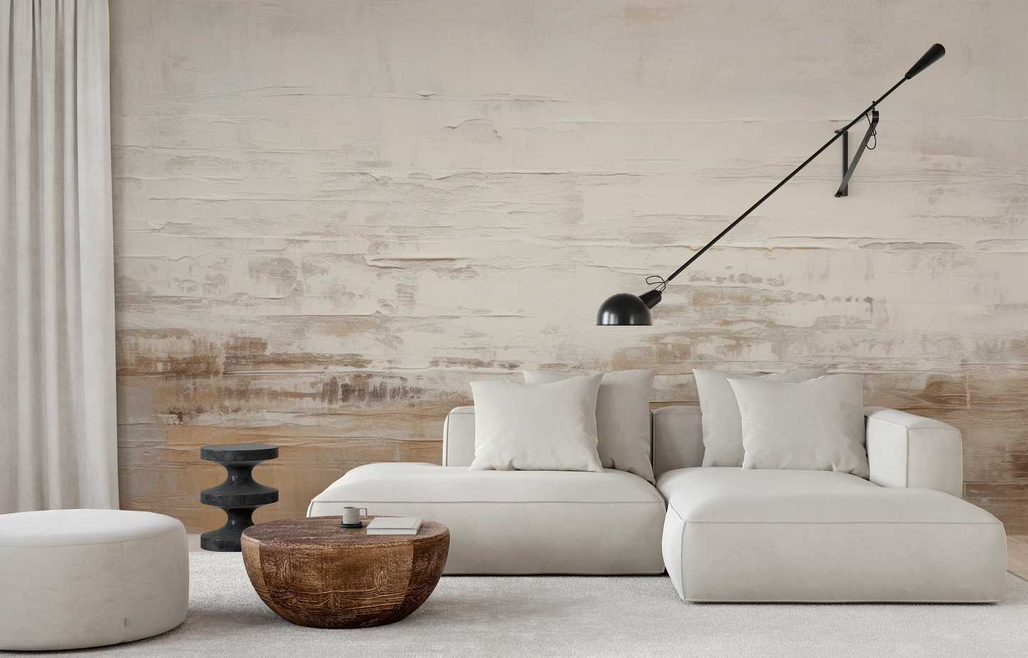 Wzór fototapety malowanej o nazwie Neutral Fluidity pokazanej w aranżacji wnętrza.