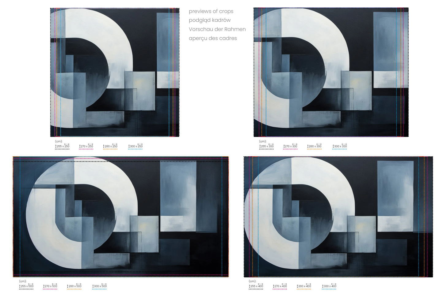 Na obrazie znajduje się prezentacja przykładowych rozmiarów fototapety o nazwie Geometric Night. Rozmiar fototapety jest dowolny.