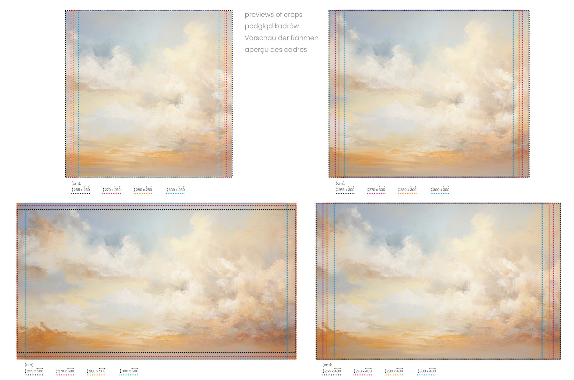 Na obrazie znajduje się prezentacja przykładowych rozmiarów fototapety o nazwie DAWN'S FIRST BLUSH CANVAS. Rozmiar fototapety jest dowolny.
