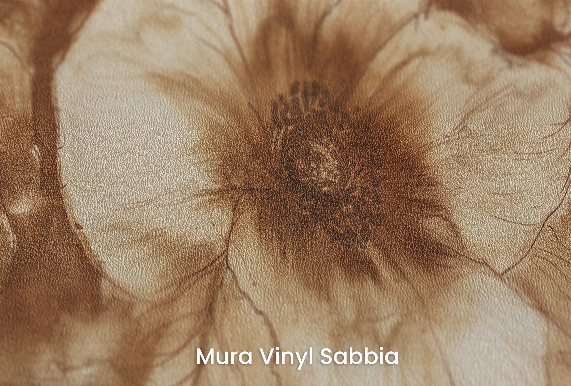 Zbliżenie na artystyczną fototapetę o nazwie Sepia Anemones na podłożu Mura Vinyl Sabbia struktura grubego ziarna piasku.