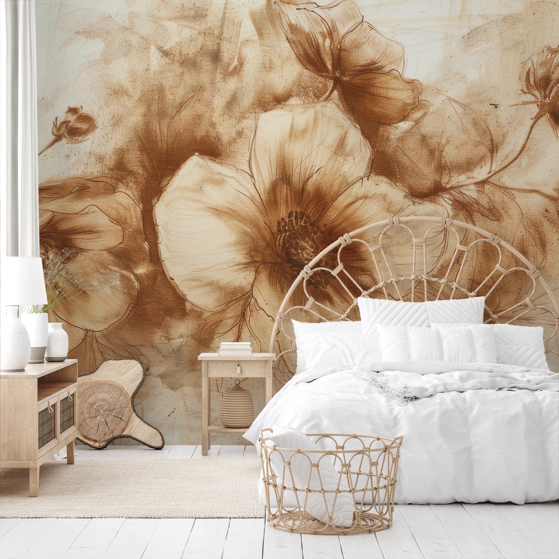 Wzór fototapety artystycznej o nazwie Sepia Anemones pokazanej w aranżacji wnętrza.