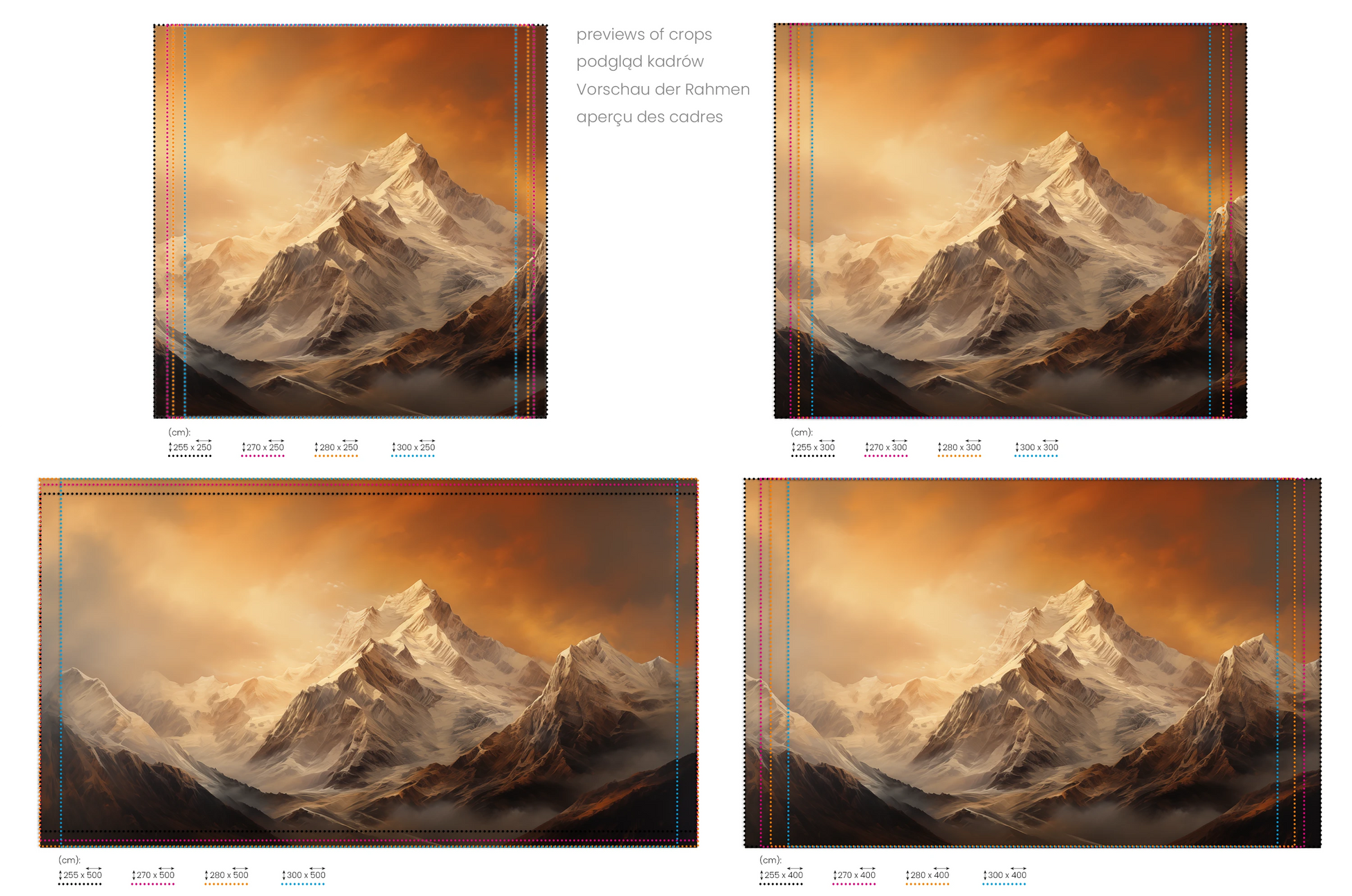 Na obrazie znajduje się prezentacja przykładowych rozmiarów fototapety o nazwie Fiery Skyline. Rozmiar fototapety jest dowolny.