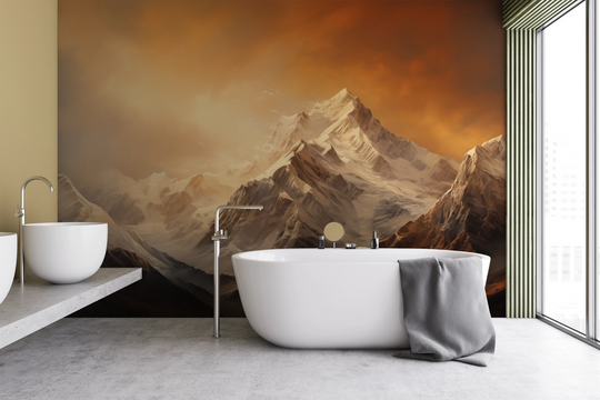 Wzór fototapety artystycznej o nazwie Fiery Skyline pokazanej w aranżacji wnętrza.