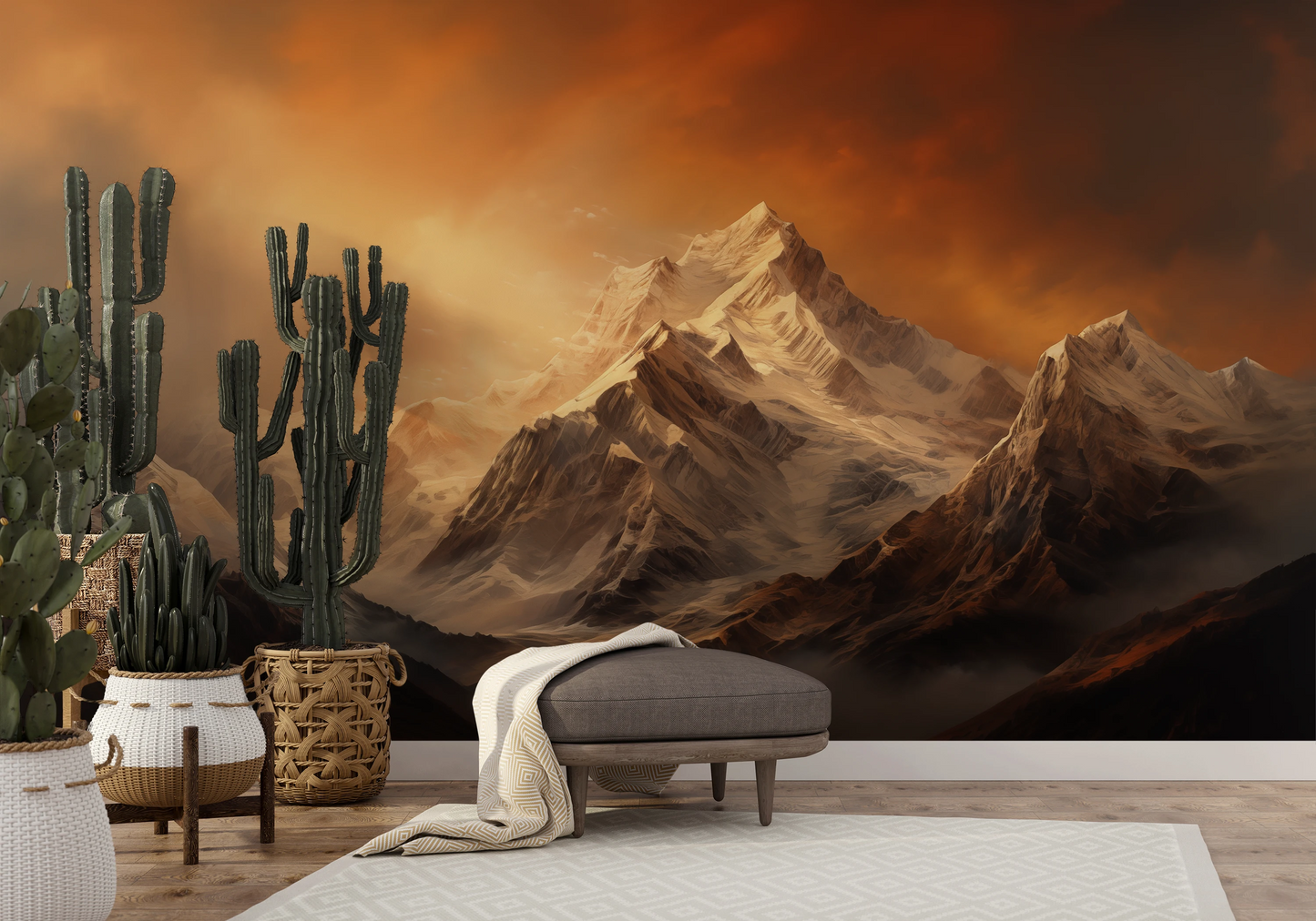 Wzór fototapety artystycznej o nazwie Fiery Skyline pokazanej w aranżacji wnętrza.