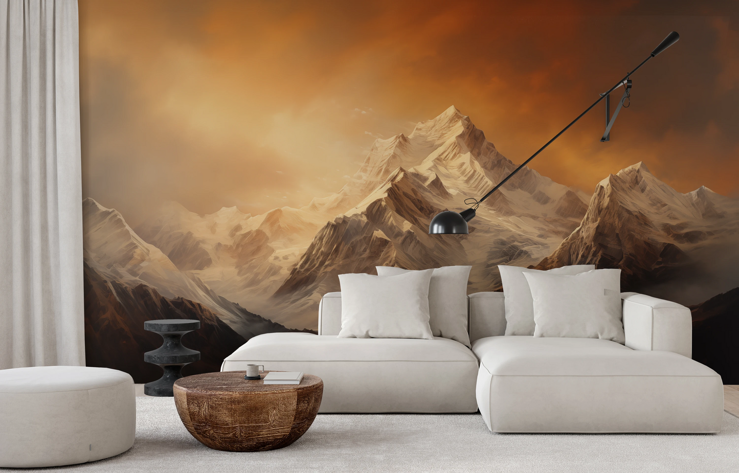 Wzór fototapety malowanej o nazwie Fiery Skyline pokazanej w aranżacji wnętrza.