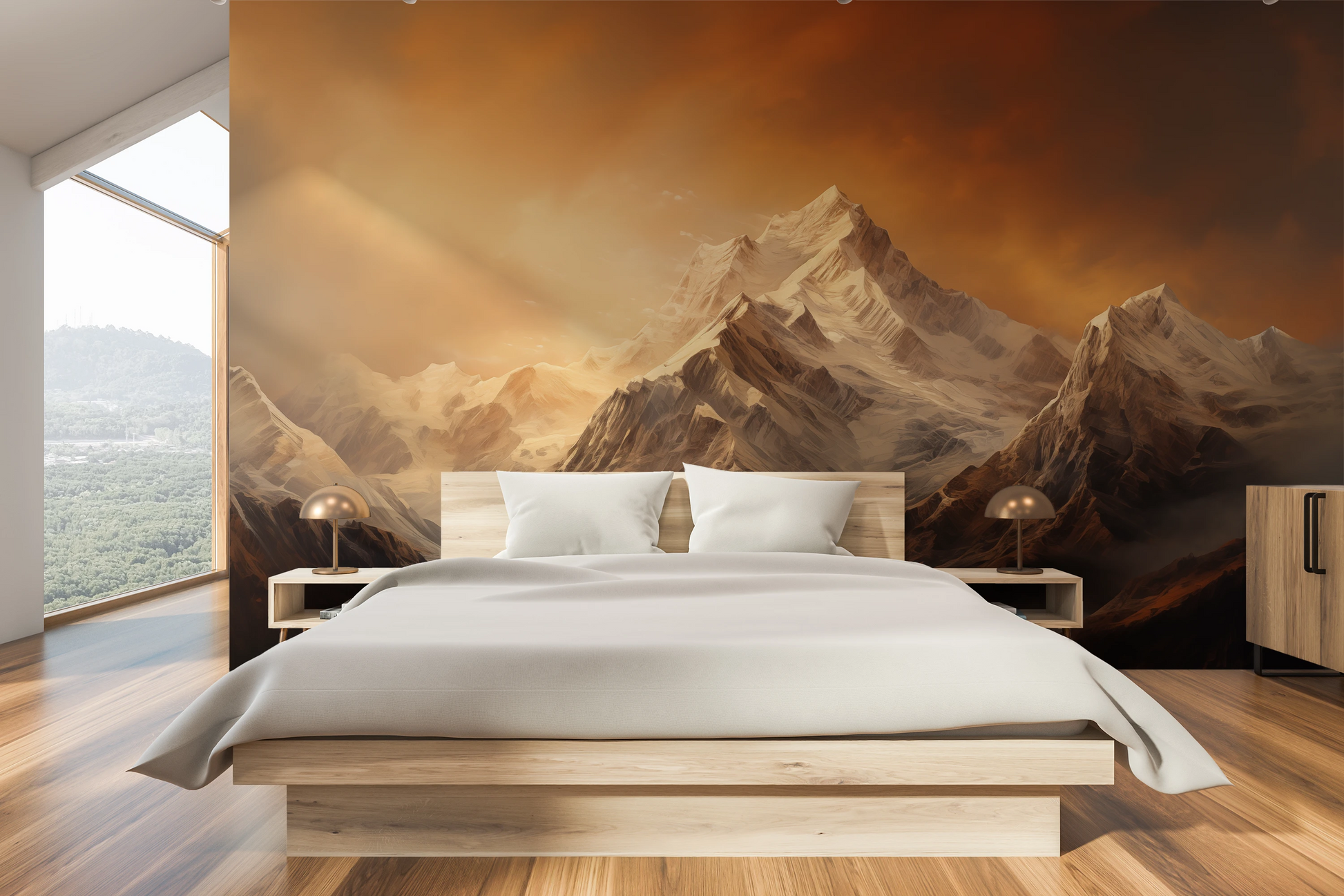 Wzór fototapety o nazwie Fiery Skyline pokazanej w kontekście pomieszczenia.