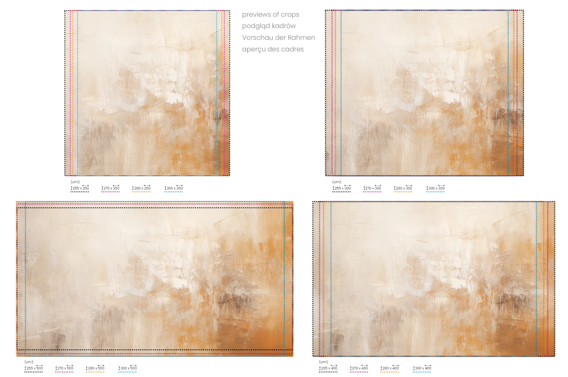 Na obrazie znajduje się prezentacja przykładowych rozmiarów fototapety o nazwie Creamy Canvas #2. Rozmiar fototapety jest dowolny.