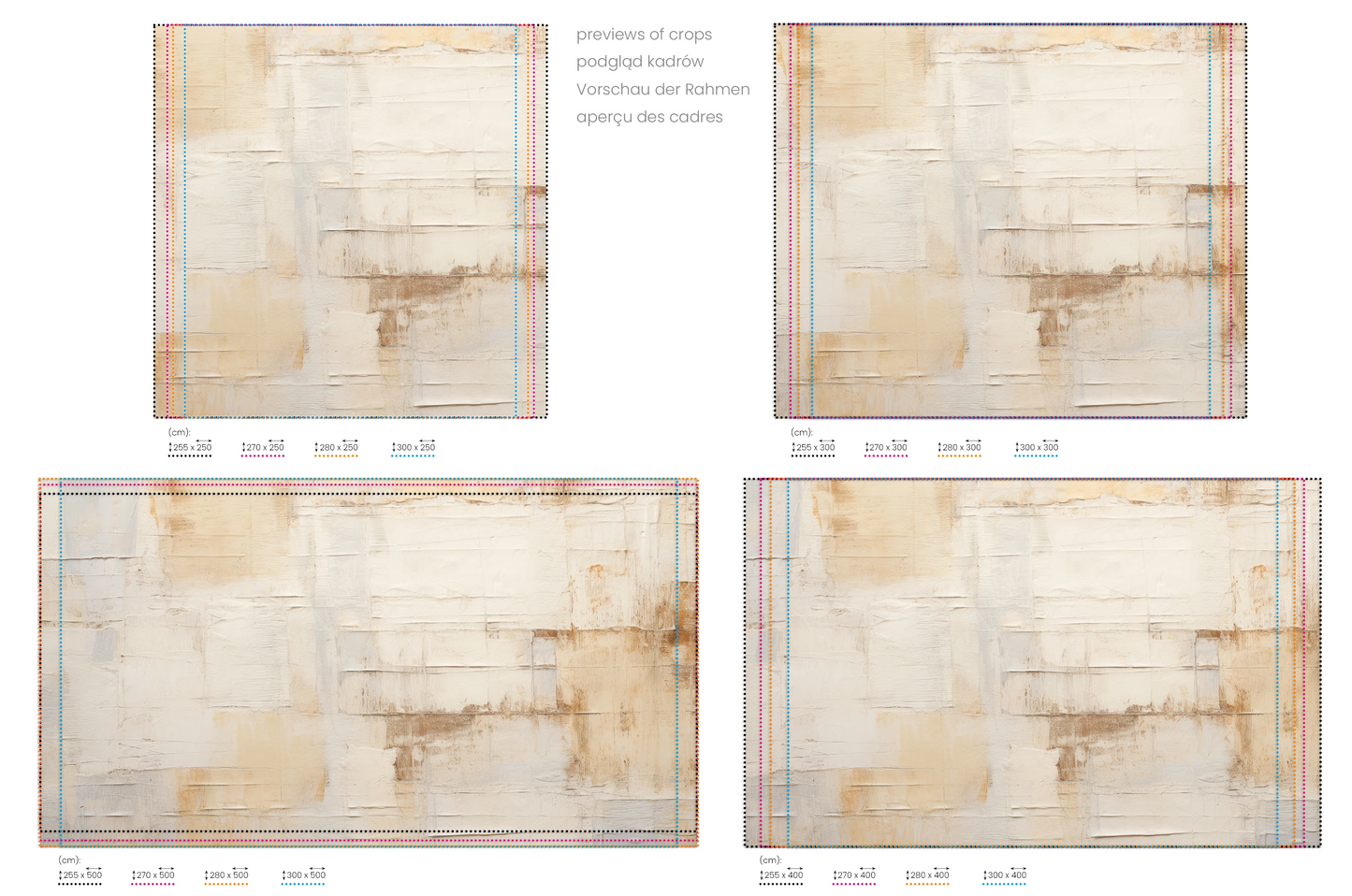 Na obrazie znajduje się prezentacja przykładowych rozmiarów fototapety o nazwie Parchment Hues. Rozmiar fototapety jest dowolny.
