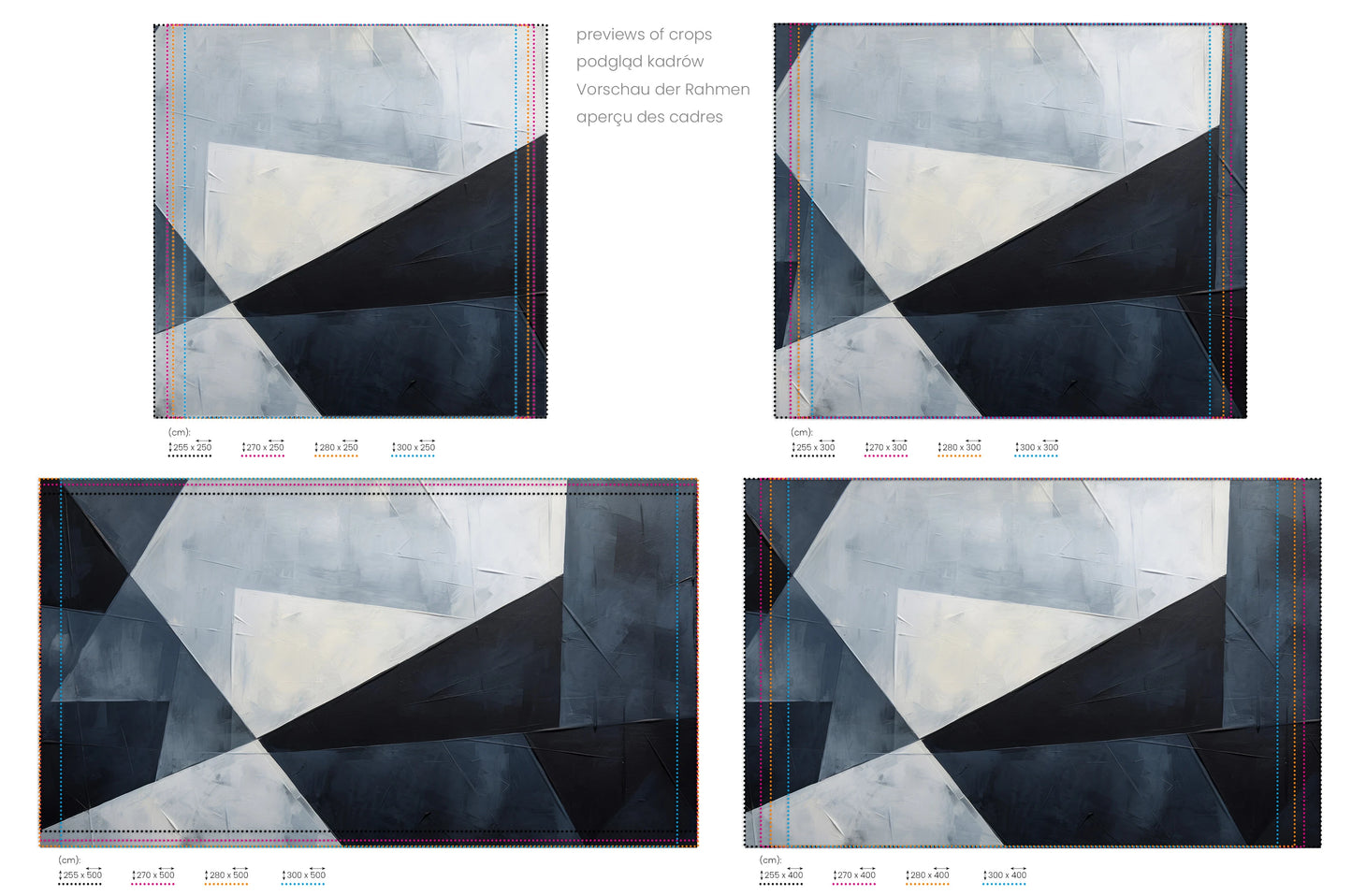 Na obrazie znajduje się prezentacja przykładowych rozmiarów fototapety o nazwie Sharp Geometric Contrast. Rozmiar fototapety jest dowolny.