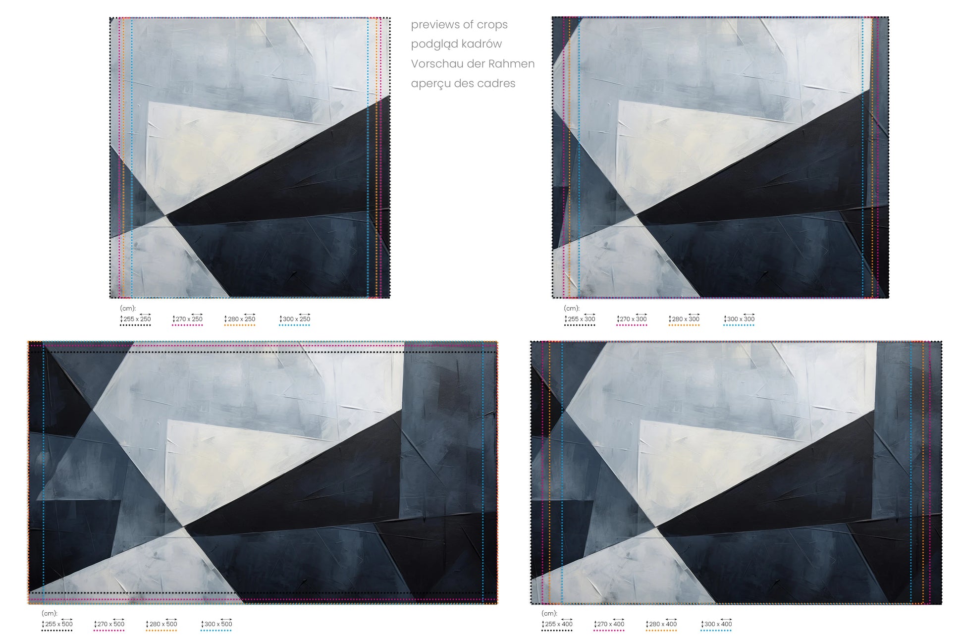 Na obrazie znajduje się prezentacja przykładowych rozmiarów fototapety o nazwie Sharp Geometric Contrast. Rozmiar fototapety jest dowolny.