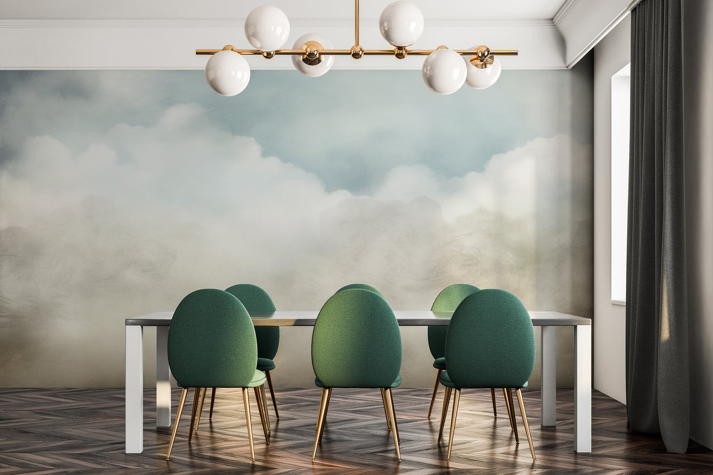 Wzór fototapety malowanej o nazwie CLOUDY EMINENCE CANVAS pokazanej w aranżacji wnętrza.