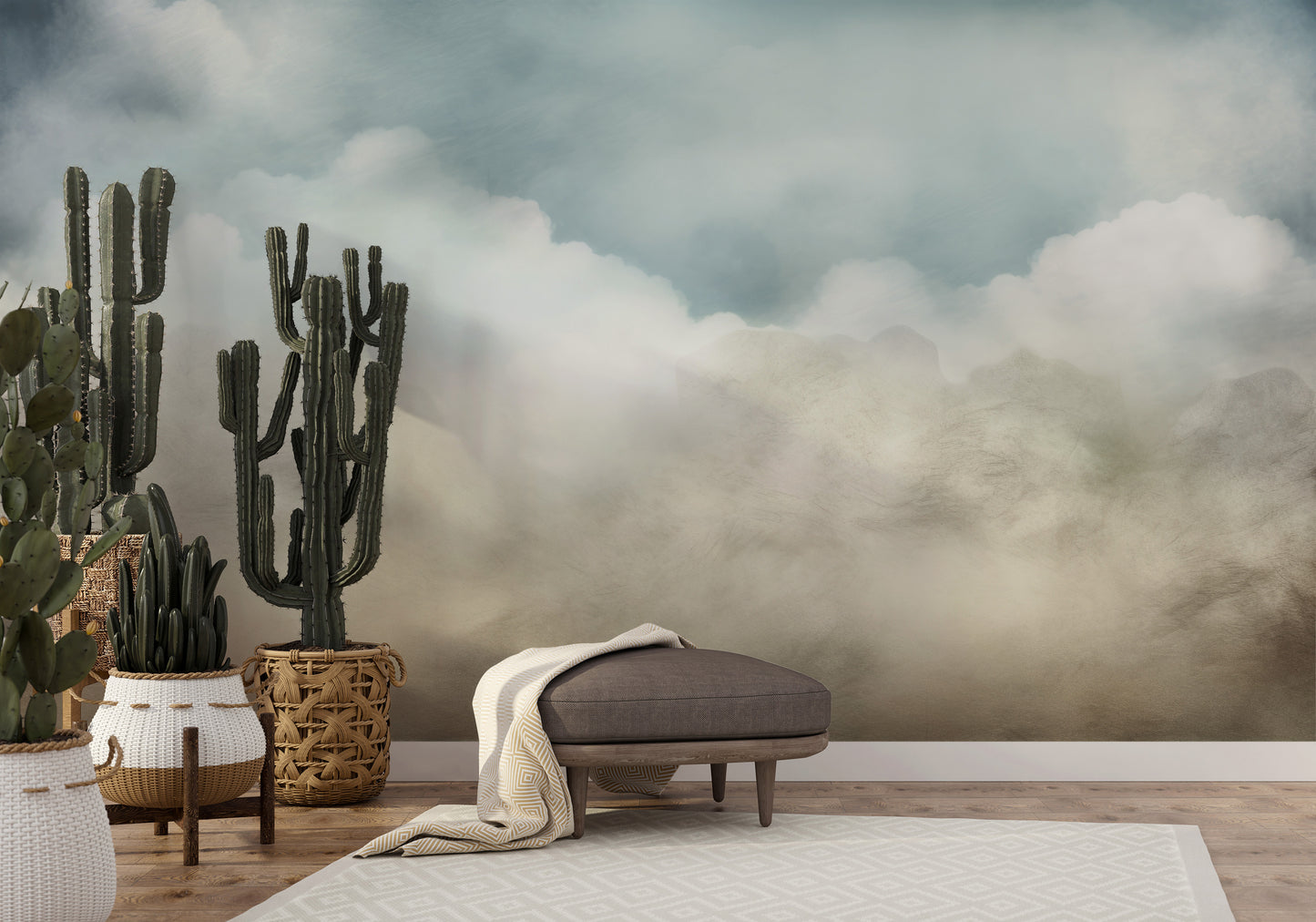 Wzór fototapety o nazwie CLOUDY EMINENCE CANVAS pokazanej w kontekście pomieszczenia.