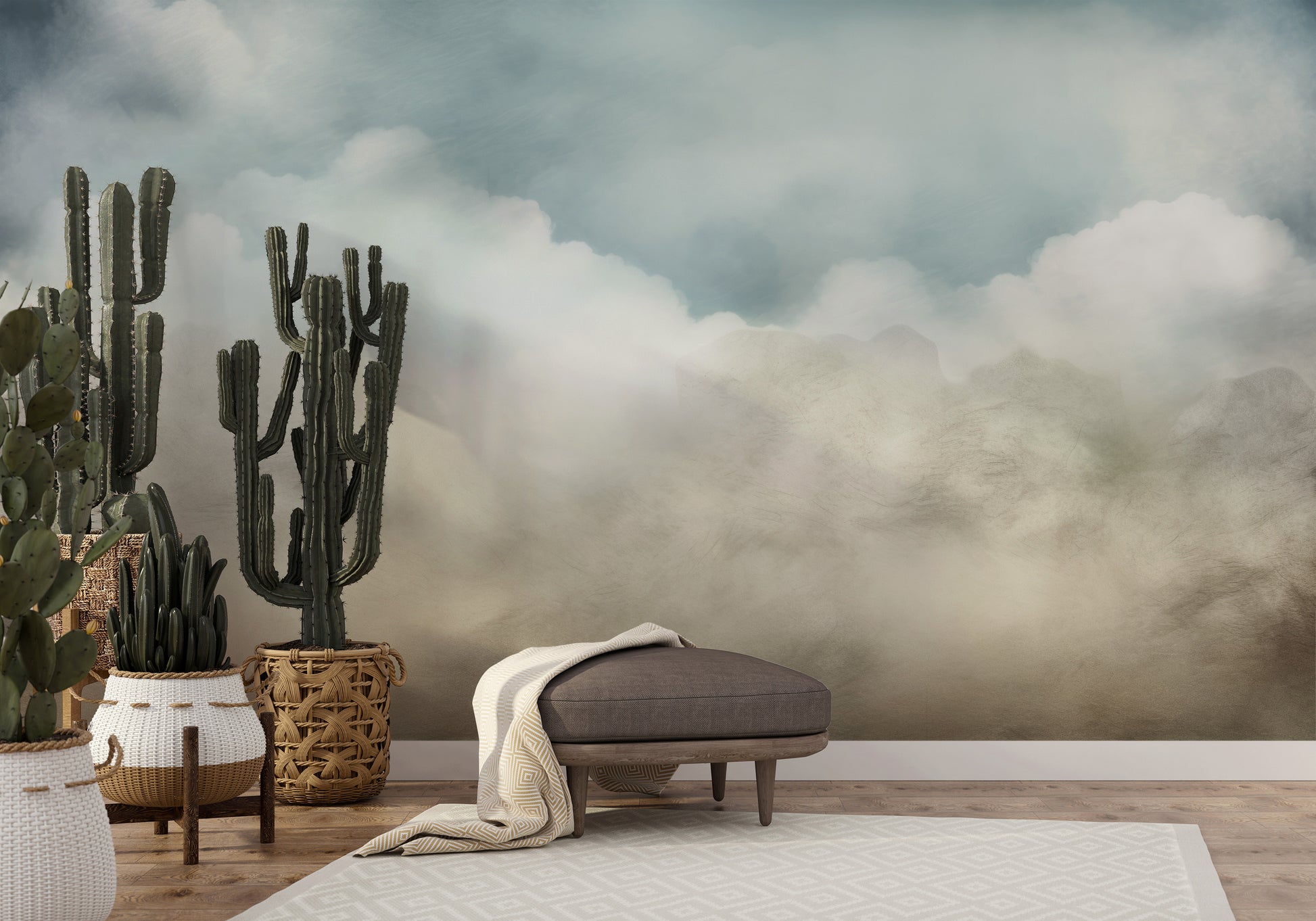 Wzór fototapety o nazwie CLOUDY EMINENCE CANVAS pokazanej w kontekście pomieszczenia.