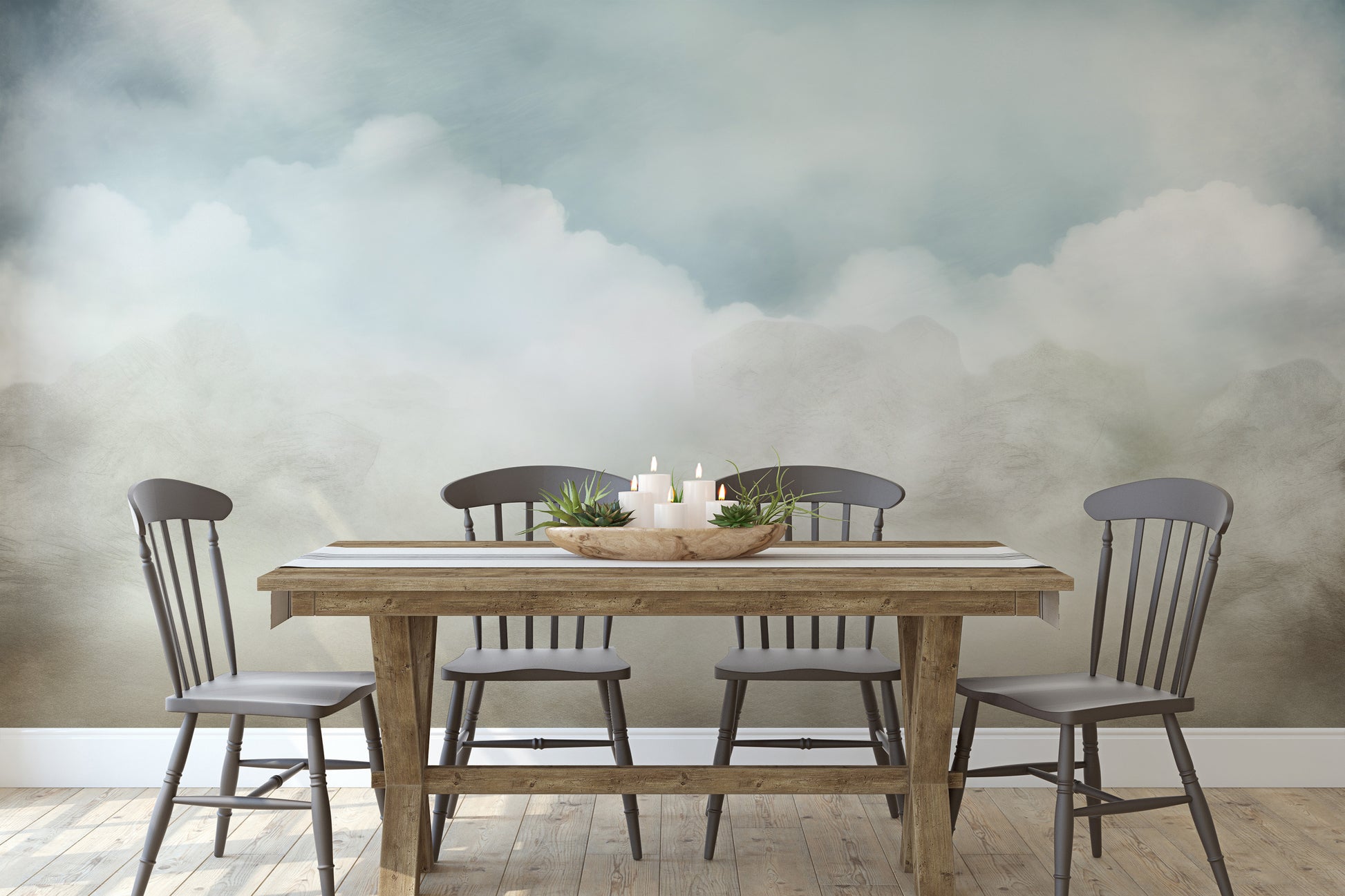 Wzór fototapety artystycznej o nazwie CLOUDY EMINENCE CANVAS pokazanej w aranżacji wnętrza.