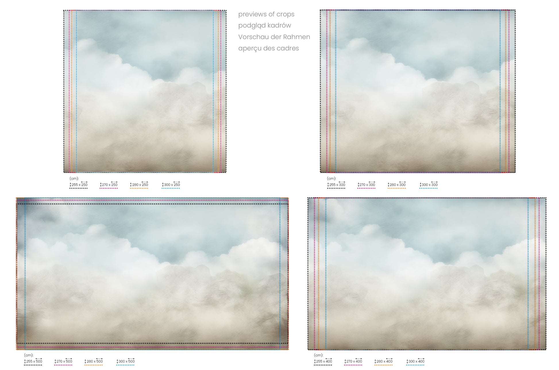 Na obrazie znajduje się prezentacja przykładowych rozmiarów fototapety o nazwie CLOUDY EMINENCE CANVAS. Rozmiar fototapety jest dowolny.