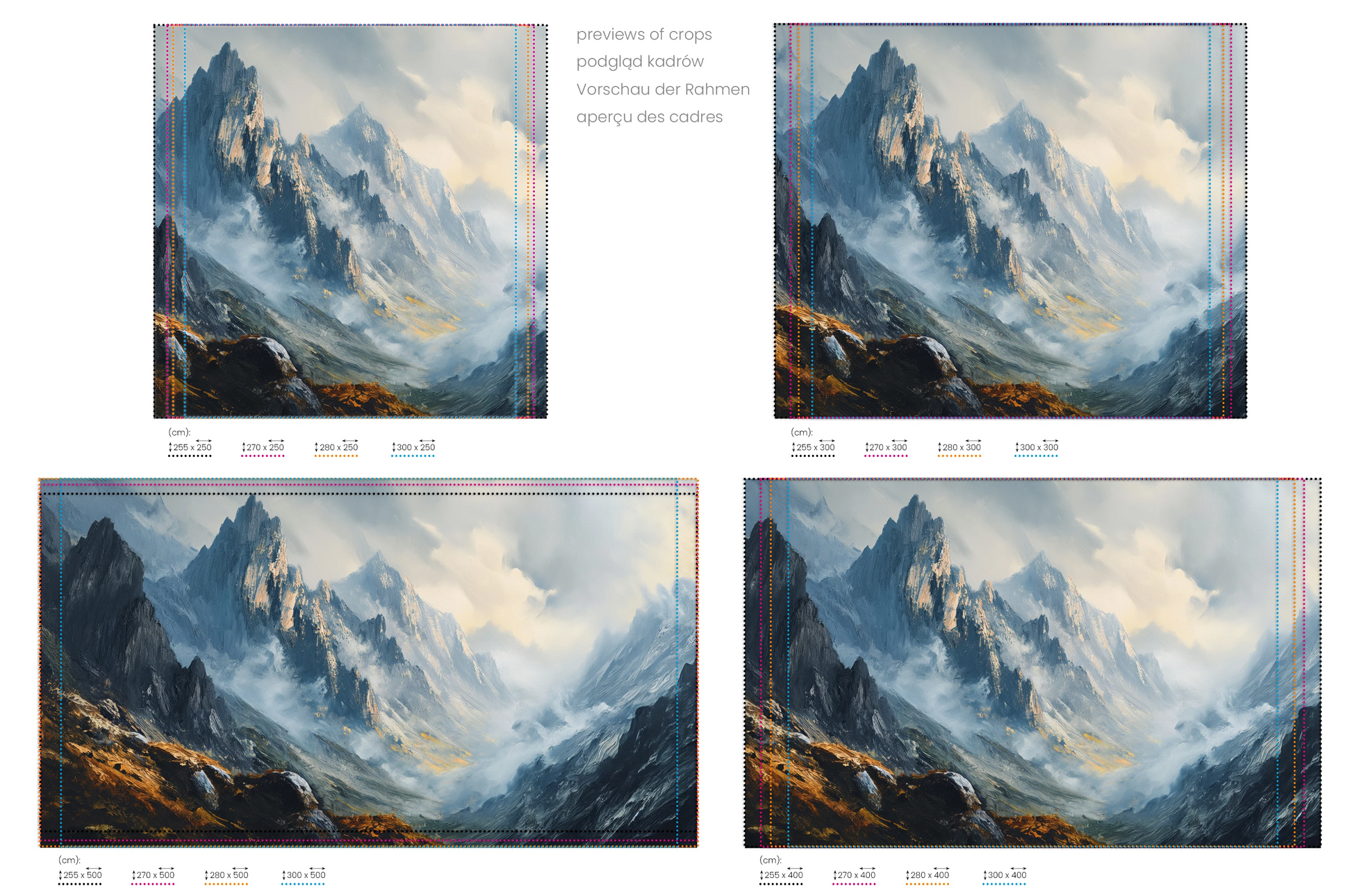 Na obrazie znajduje się prezentacja przykładowych rozmiarów fototapety o nazwie Mountain Majesty. Rozmiar fototapety jest dowolny.