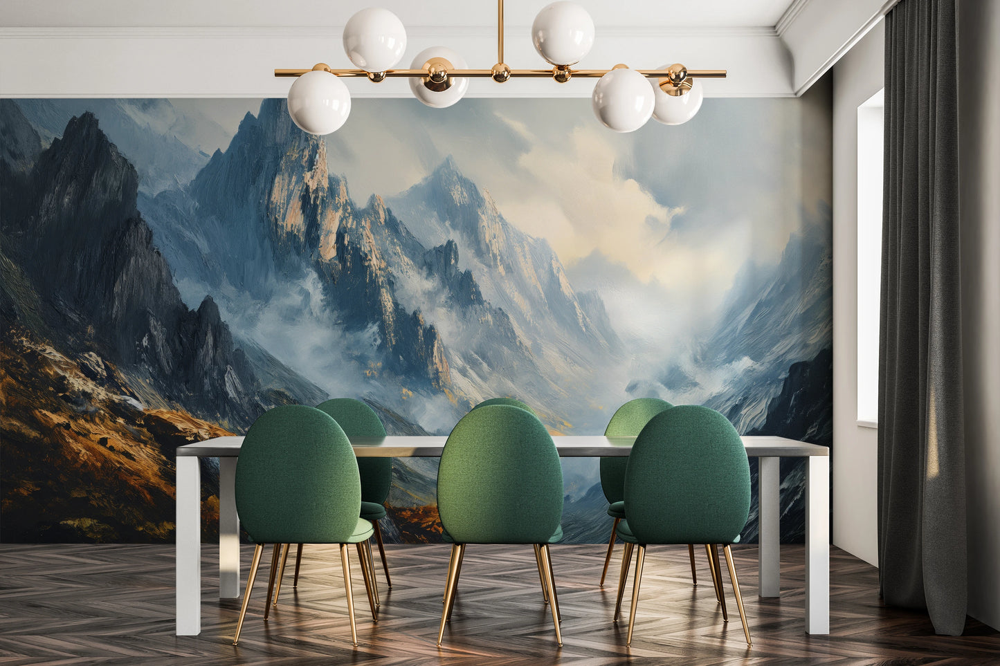 Wzór fototapety o nazwie Mountain Majesty pokazanej w kontekście pomieszczenia.