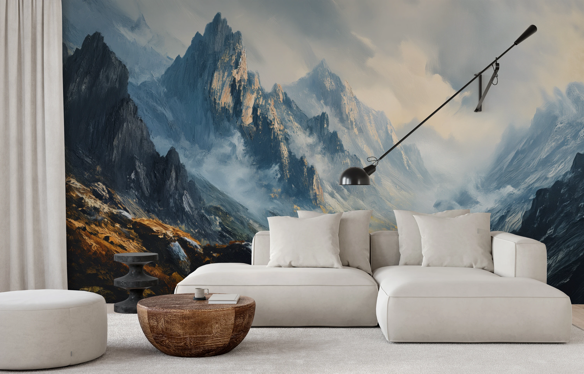 Wzór fototapety malowanej o nazwie Mountain Majesty pokazanej w aranżacji wnętrza.