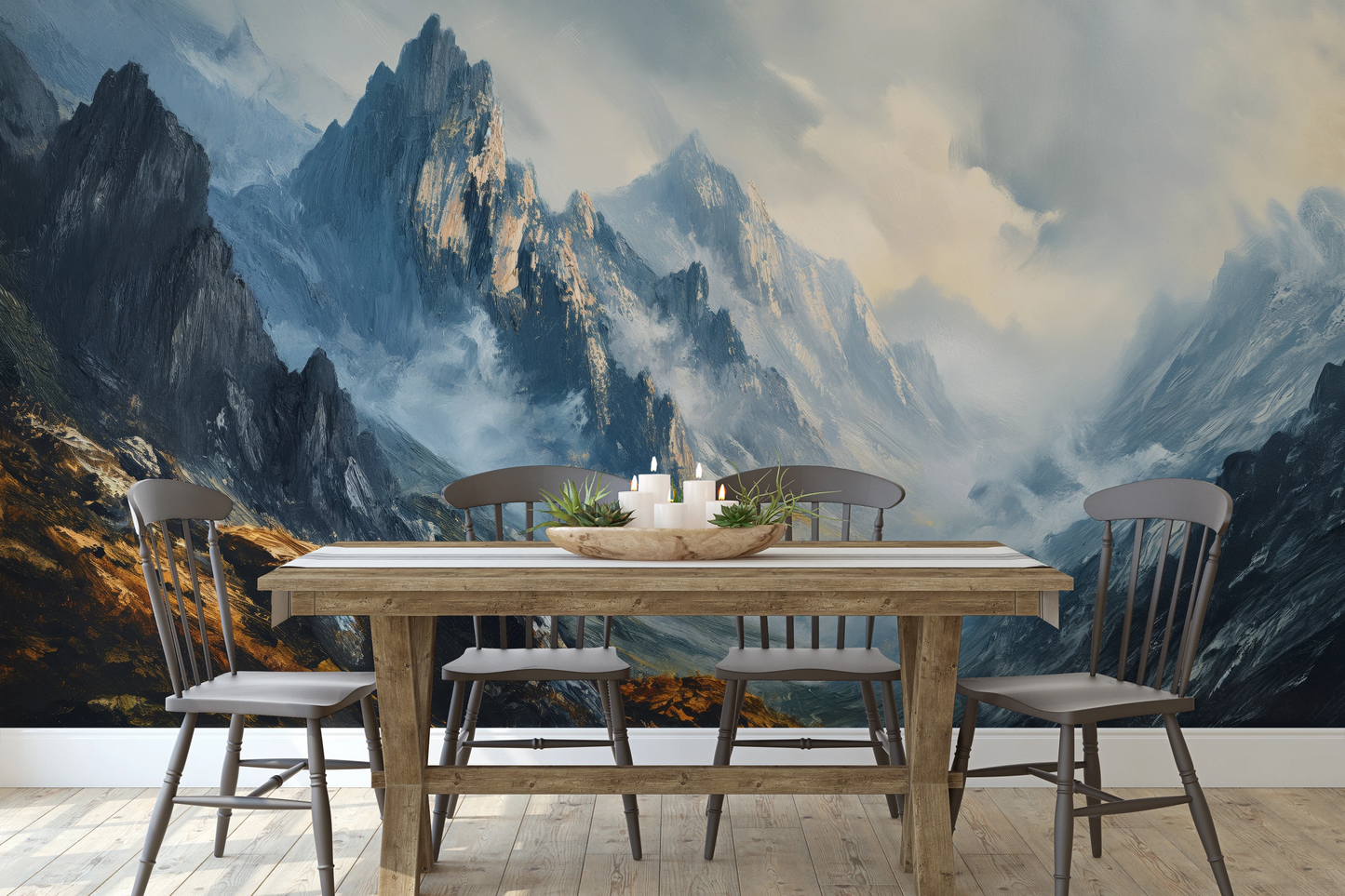 Zdjęcie prezentuje aranżację wnętrza z użyciem fototapety o nazwie Mountain Majesty pokazanej w aranżacji wnętrza.