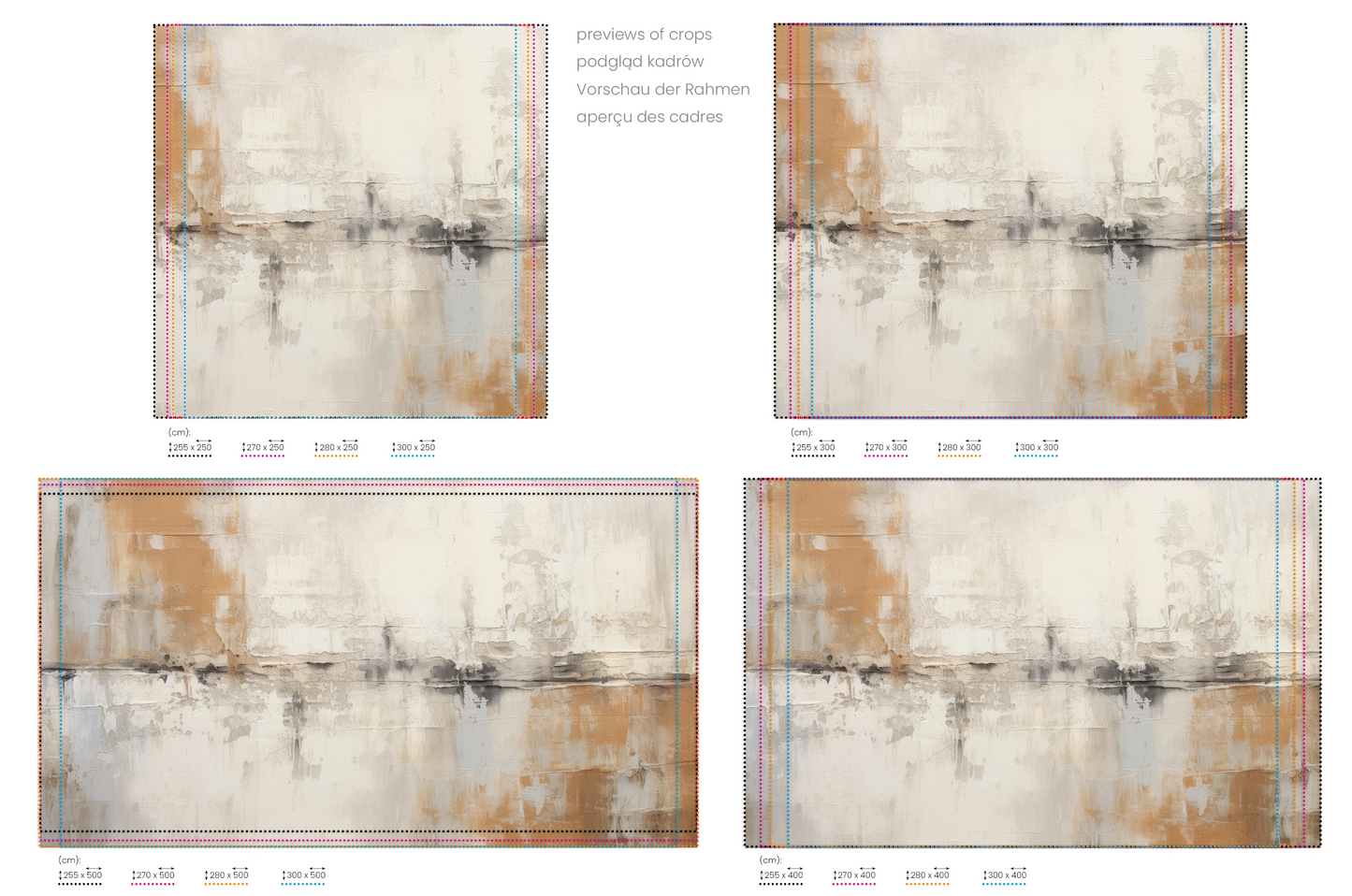 Na obrazie znajduje się prezentacja przykładowych rozmiarów fototapety o nazwie Golden Patina. Rozmiar fototapety jest dowolny.