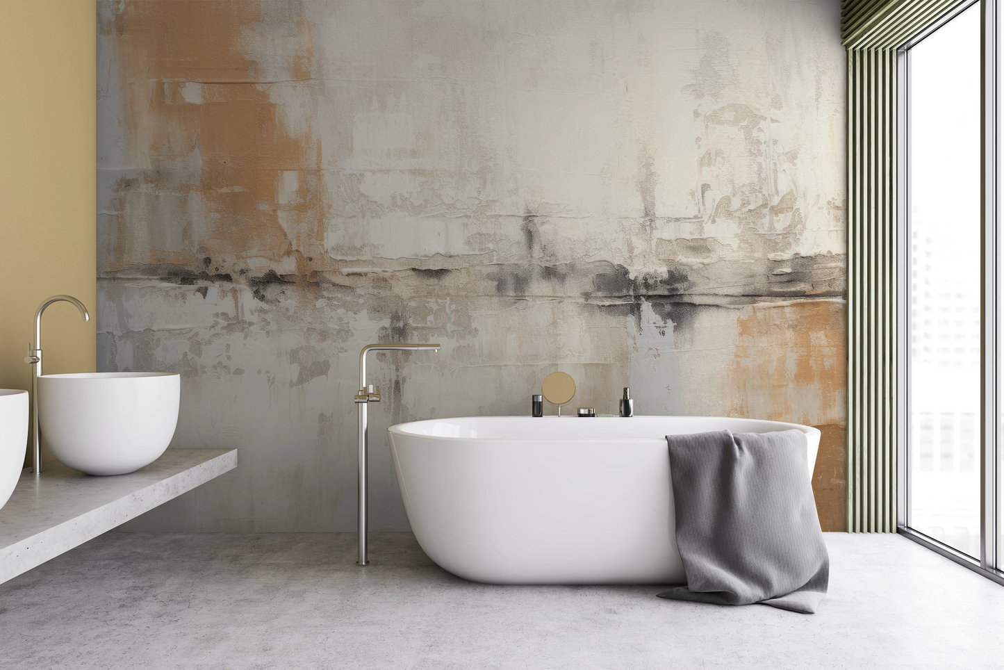 Zdjęcie prezentuje aranżację wnętrza z użyciem fototapety o nazwie Golden Patina pokazanej w aranżacji wnętrza.